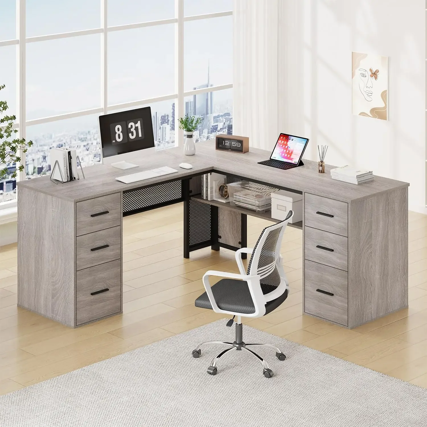 Modern Large,Black L Shaped Desk with File Drawers Shelves, Reversible Corner Metal Wood Computer Desk with Storage Cabinet
Modern Large,Black L Shaped Desk with File Drawers Shelves, Reversible Corner Metal Wood Computer Desk with Storage Cabinet