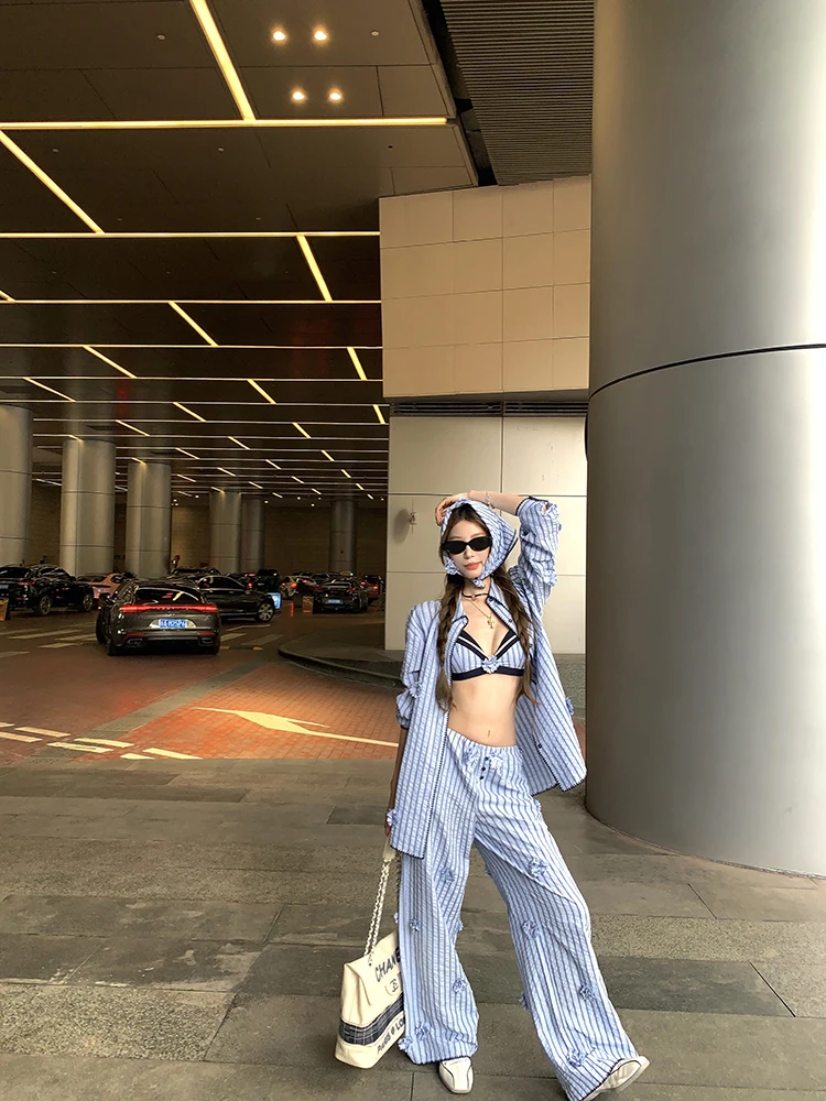 Lazy style striped shirt layered sexy camisole casual three dimensional flower design pants women's summer three piece set
Lazy style striped shirt layered sexy camisole casual three dimensional flower design pants women's summer three piece set