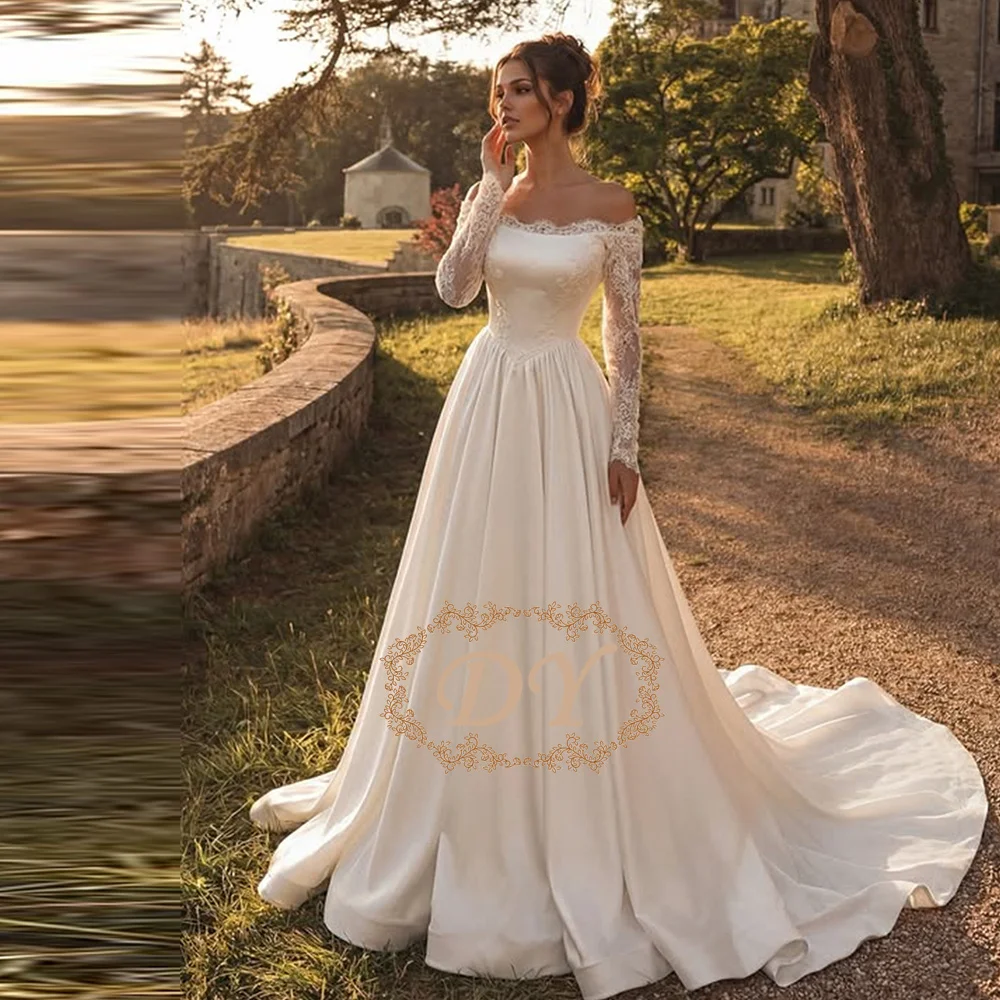 DY Elegant Satin Wedding Dresses Strapless Lace Full Sleeves A-Line Bride Prom Gown Floor-Length Bridal Gowns Customized
DY Elegant Satin Wedding Dresses Strapless Lace Full Sleeves A-Line Bride Prom Gown Floor-Length Bridal Gowns Customized