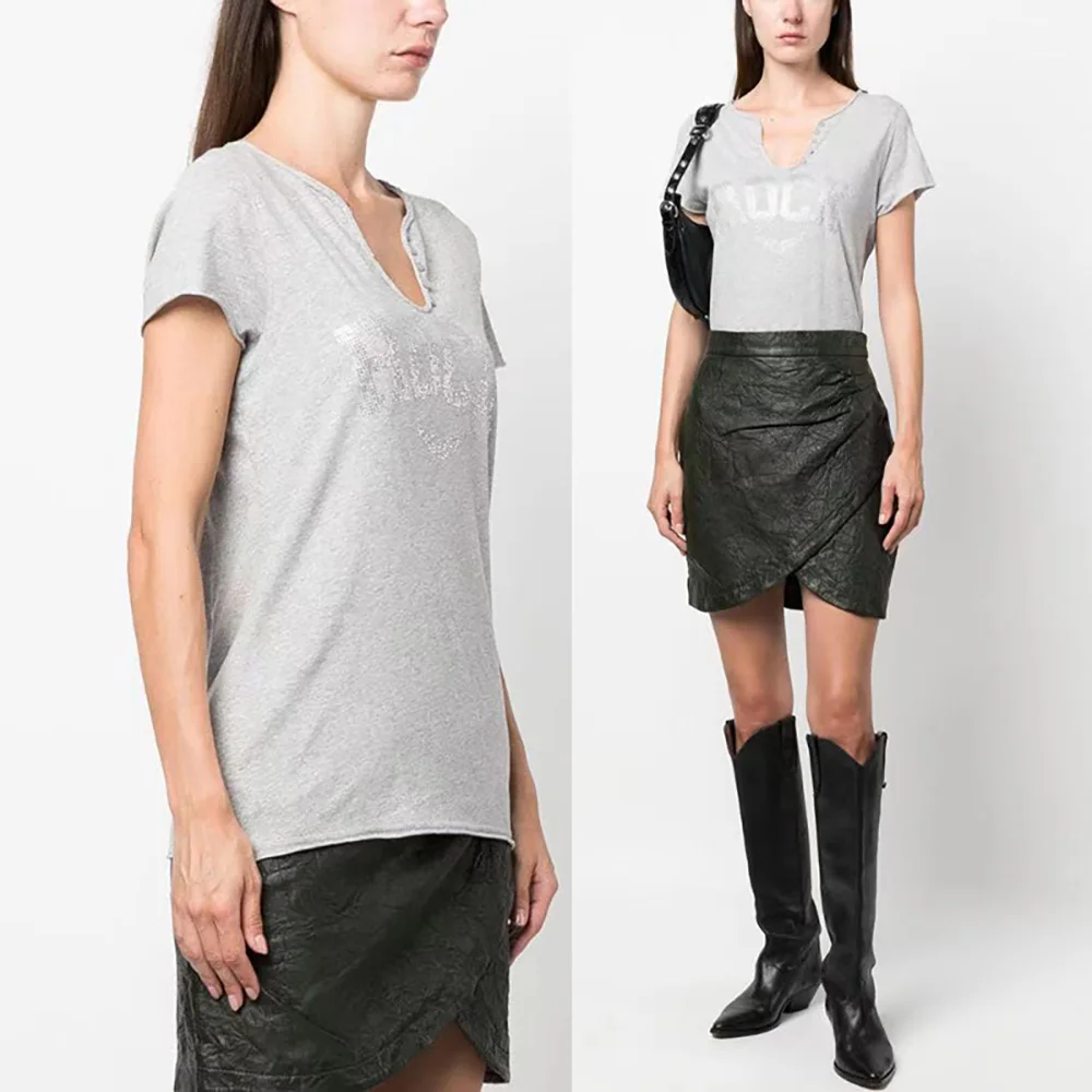U-Neck Button Diamond Letter Rock Women's Top Summer Short Sleeve Solid Color Rhinestone Gray T-Shirt Fashion Casual Tee
U-Neck Button Diamond Letter Rock Women's Top Summer Short Sleeve Solid Color Rhinestone Gray T-Shirt Fashion Casual Tee