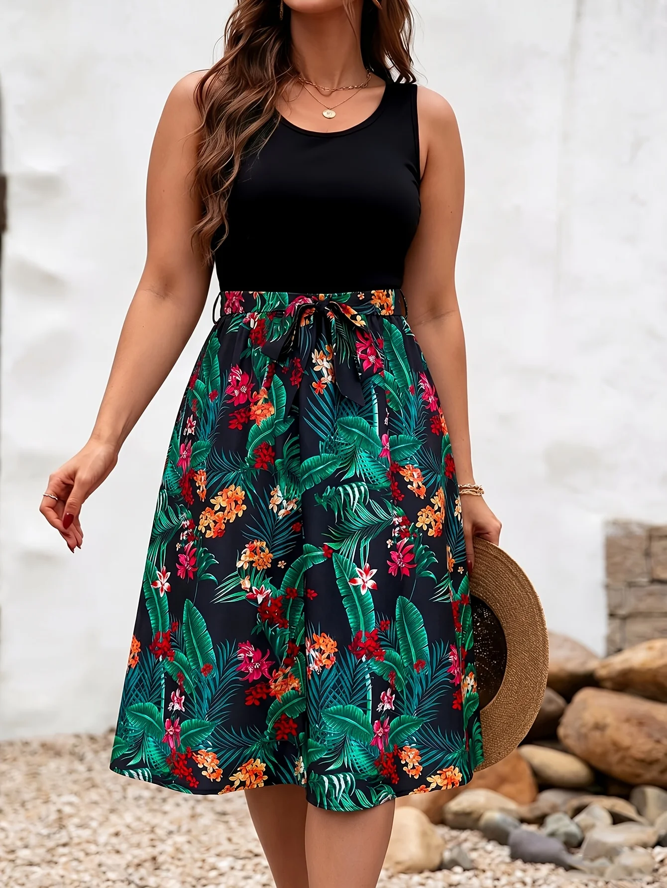 Plus Size Leaf Floral Print Midi Dress, Round Neck Sleeveless Self Tie Waist A Line Sundress,Vacation Dress For Curvy Women
Plus Size Leaf Floral Print Midi Dress, Round Neck Sleeveless Self Tie Waist A Line Sundress,Vacation Dress For Curvy Women