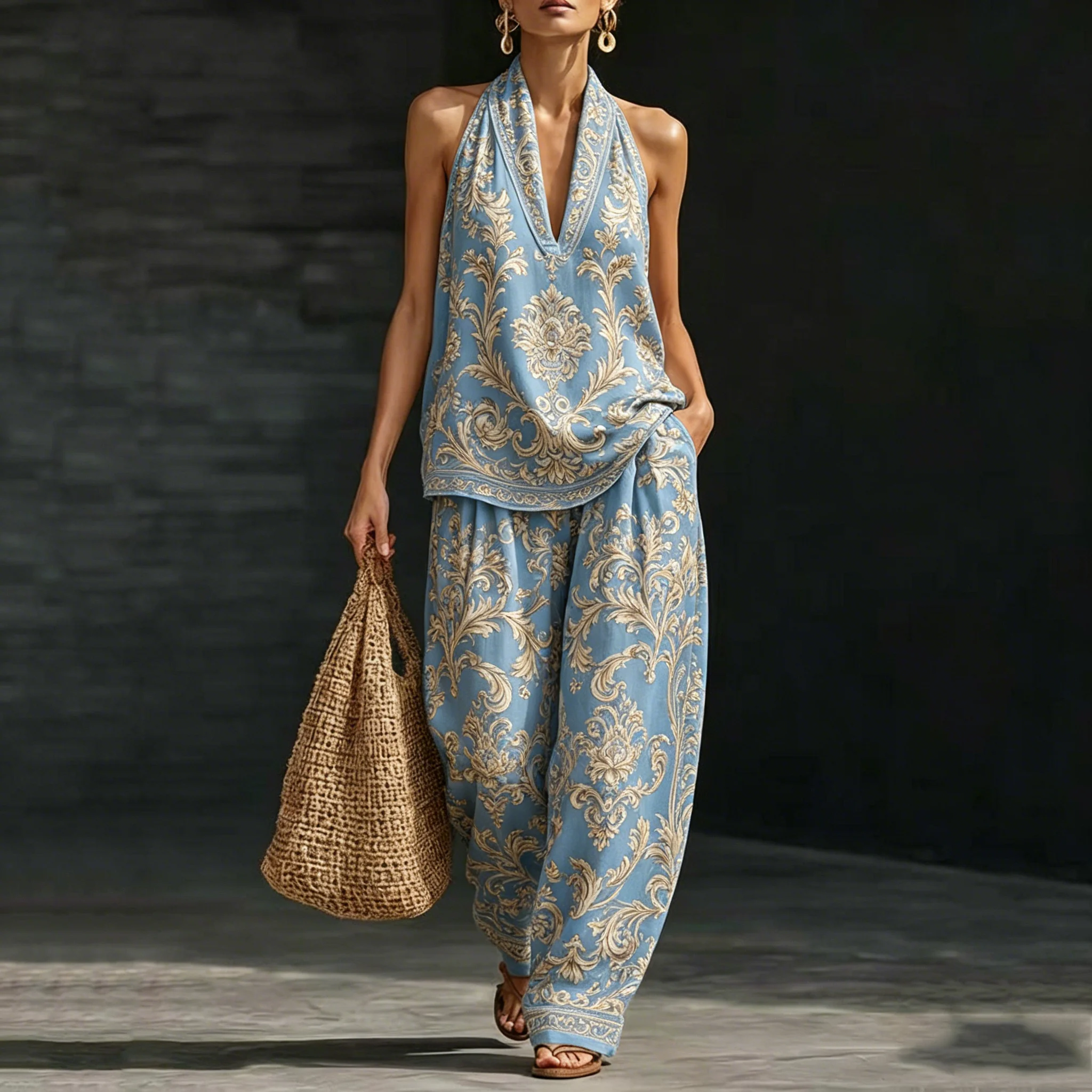 Vintage Ornate Print Women Two Piece Sets Outfits Summer Fashion Halter Neck Sleeveless V-Neck Tank Top & Loose Wide Leg Pants
Vintage Ornate Print Women Two Piece Sets Outfits Summer Fashion Halter Neck Sleeveless V-Neck Tank Top & Loose Wide Leg Pants