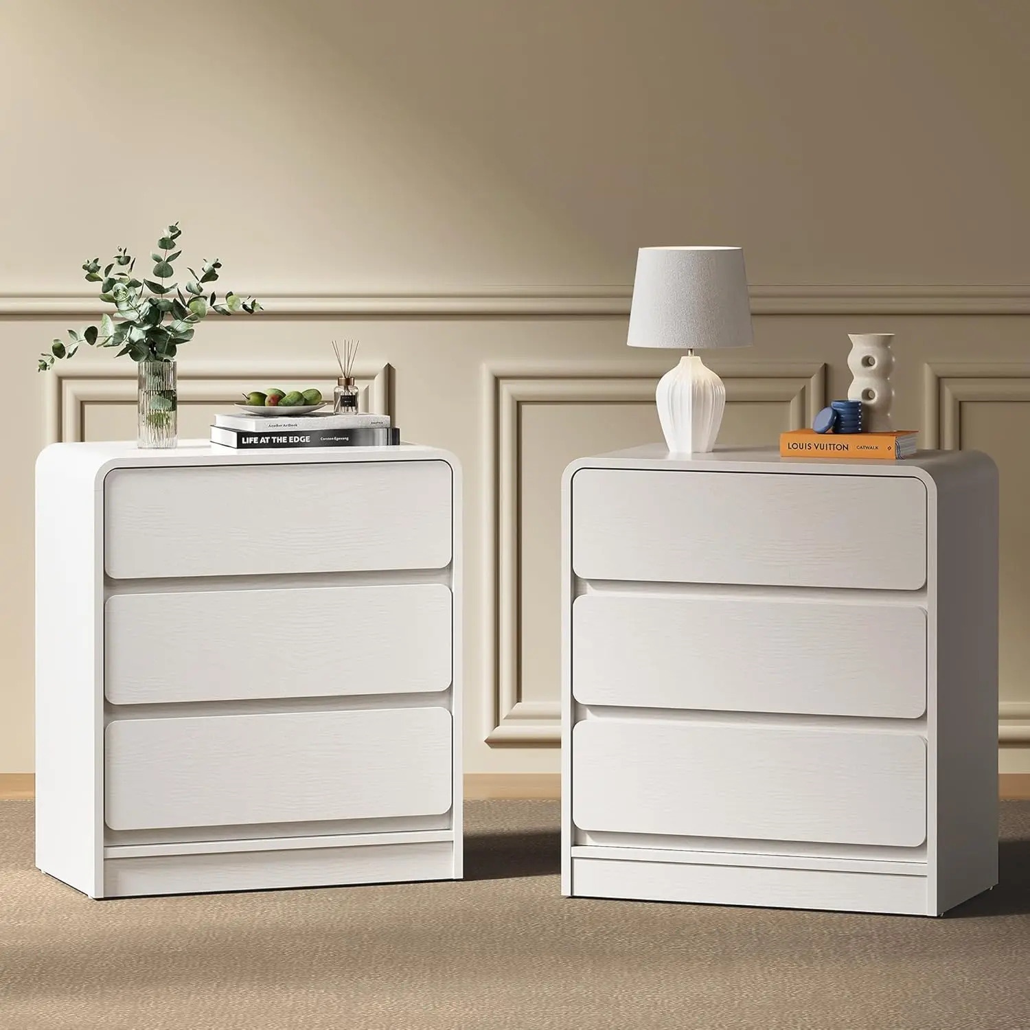 White 3 Drawer Nightstand Set of 2, Modern Night Stand with Storage, Wood End Table with Curved Design, Small, Customized
White 3 Drawer Nightstand Set of 2, Modern Night Stand with Storage, Wood End Table with Curved Design, Small, Customized