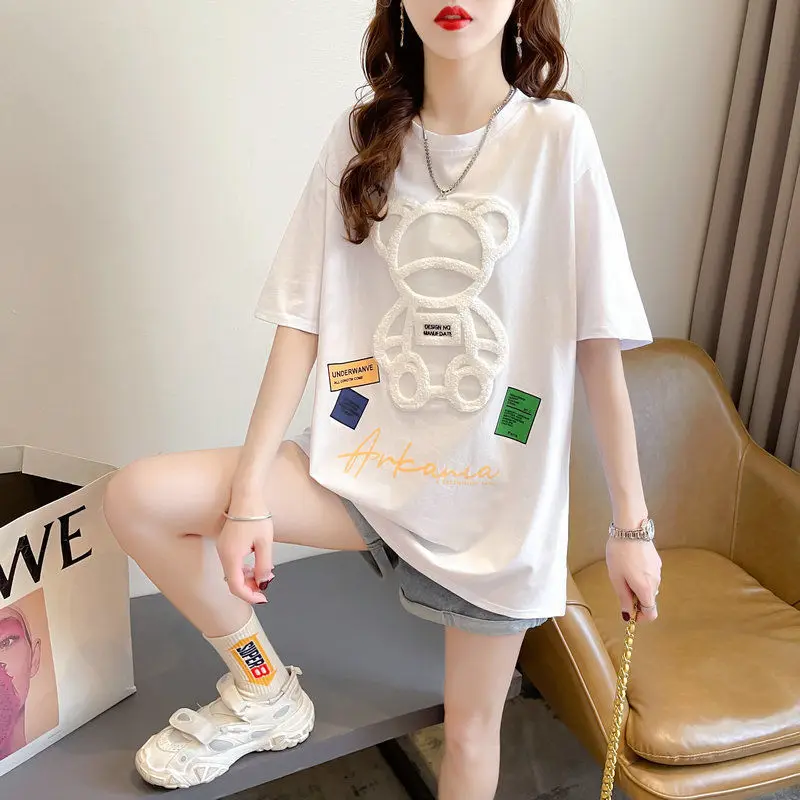 Summer T Shirt Women Bear Print Graphic T Shirts Korean Fashion Medium Length Short Sleeved Oversized Women Tops
Summer T Shirt Women Bear Print Graphic T Shirts Korean Fashion Medium Length Short Sleeved Oversized Women Tops