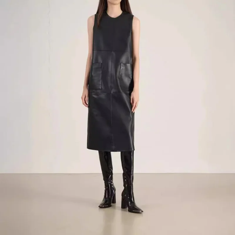 Women Sheepskin Dresses Genuine Leather Clothing Sleeveless Straight Long Clothes 2024 Spring Autumn Black Round Neck Patchwork
Women Sheepskin Dresses Genuine Leather Clothing Sleeveless Straight Long Clothes 2024 Spring Autumn Black Round Neck Patchwork