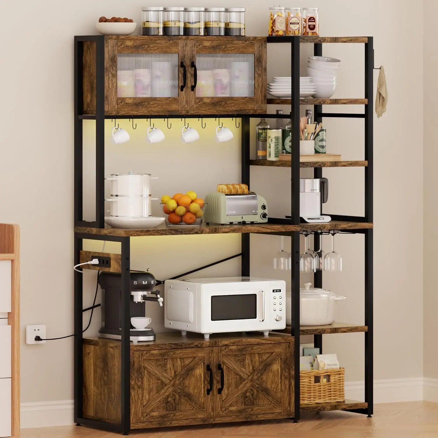 45.3” Bakers Rack with 2 Storage Cabinets, Farmhouse Coffee Bar Station W/Power Outlet & LED Light, Customized
45.3” Bakers Rack with 2 Storage Cabinets, Farmhouse Coffee Bar Station W/Power Outlet & LED Light, Customized