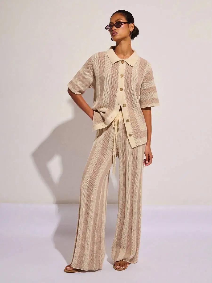 Womens Summer Striped Knit Drawstring Waist Wide Leg Pants
Womens Summer Striped Knit Drawstring Waist Wide Leg Pants