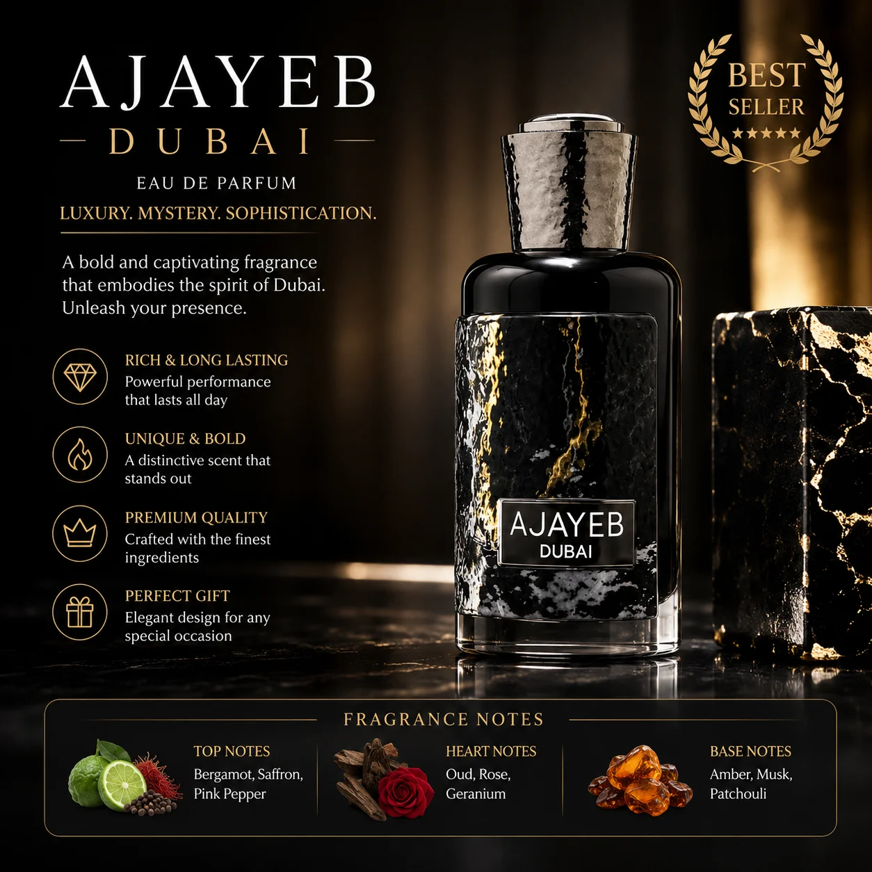 Ajayeb Dubai EDP Perfume For Men - Long Lasting Woody Spicy Fragrance - Luxury Black Gold Texture Bottle - Arabic Cologne Gift
Ajayeb Dubai EDP Perfume For Men - Long Lasting Woody Spicy Fragrance - Luxury Black Gold Texture Bottle - Arabic Cologne Gift