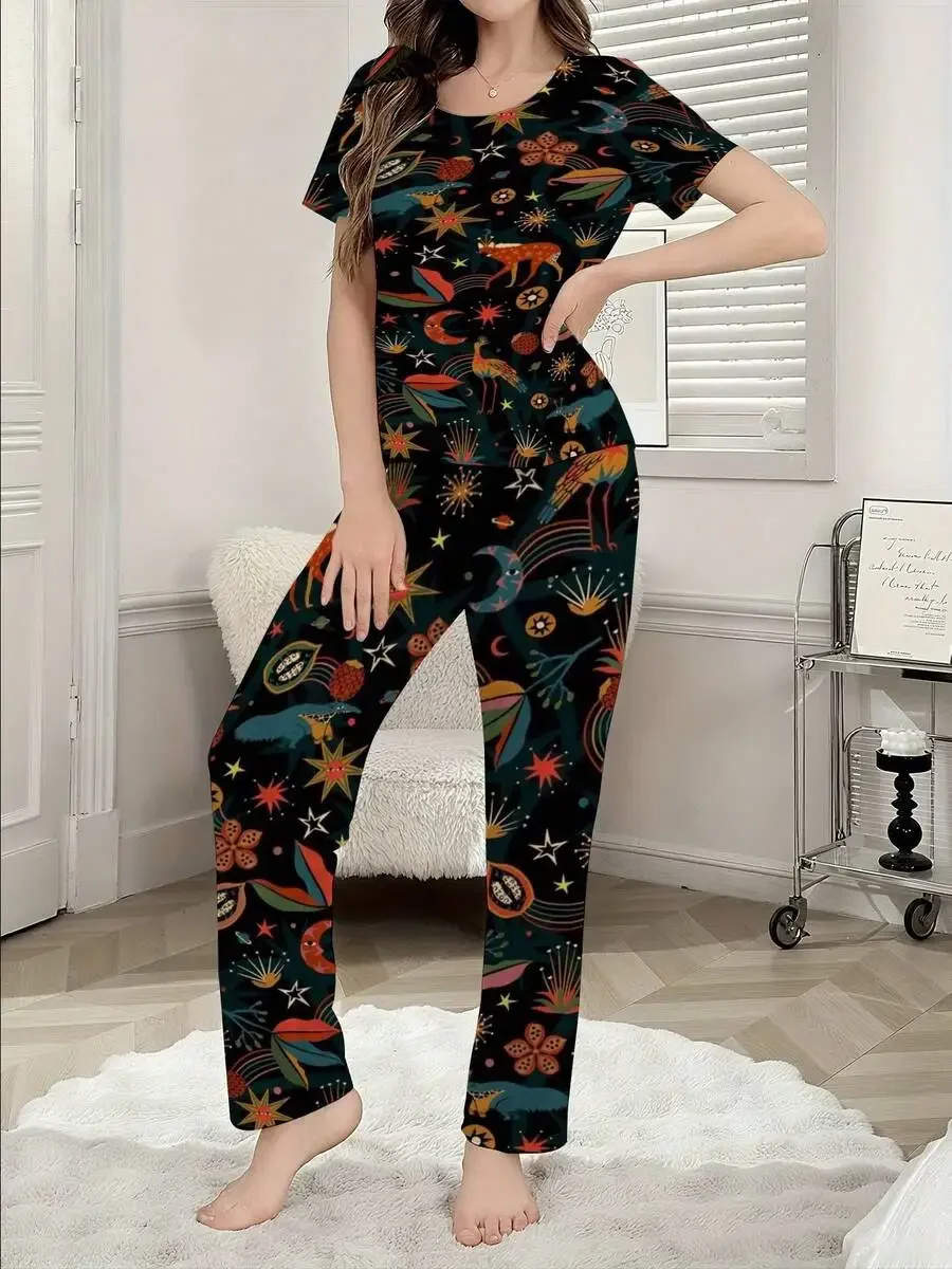 Womens Short Sleeve Pajama Set With Cosmic Animal Star Floral Print
Womens Short Sleeve Pajama Set With Cosmic Animal Star Floral Print