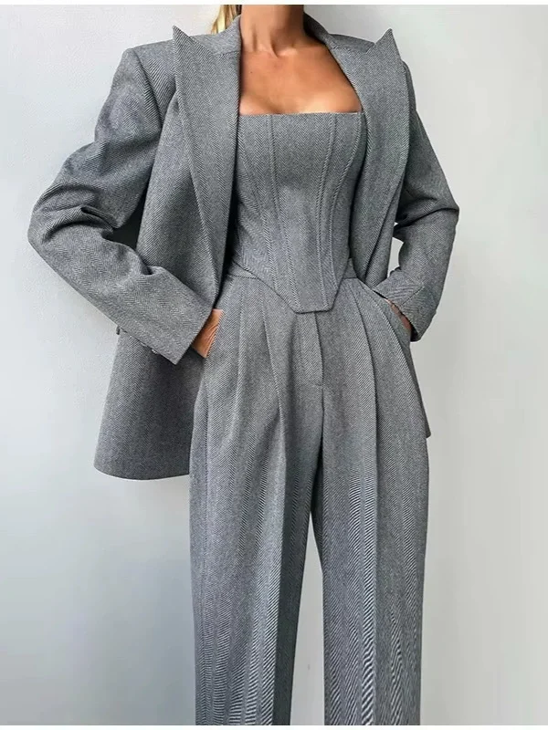 Casual Solid Women's Blazer Coats Pants 3 Pieces Sets Elegant Long Sleeve Coat Fishbone Top High Waist Wide Trousers Lady Suits
Casual Solid Women's Blazer Coats Pants 3 Pieces Sets Elegant Long Sleeve Coat Fishbone Top High Waist Wide Trousers Lady Suits