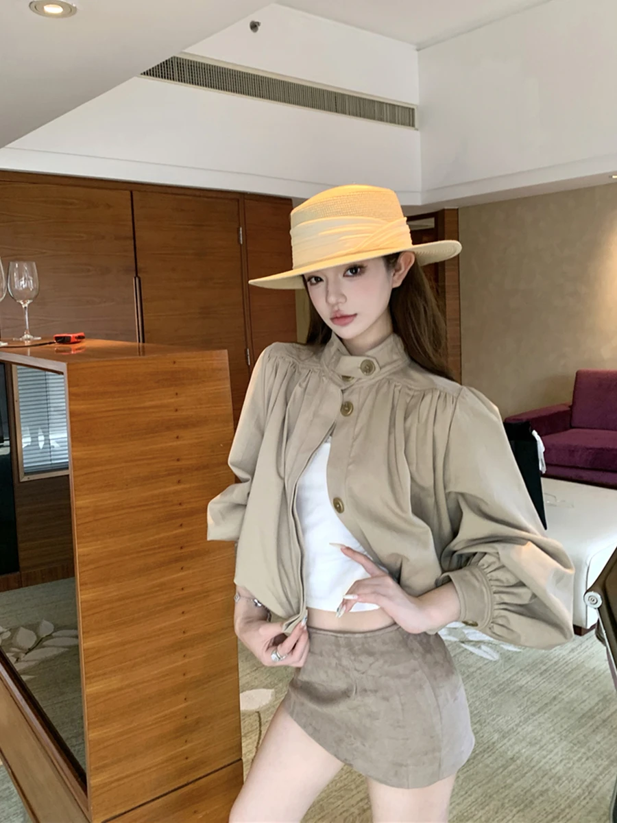 Off Retro Khaki Stand Collar ort Jaet Women's Loose Casual Lantern Sve Design Autumn Faion Ladies' Outerwear
Off Retro Khaki Stand Collar ort Jaet Women's Loose Casual Lantern Sve Design Autumn Faion Ladies' Outerwear