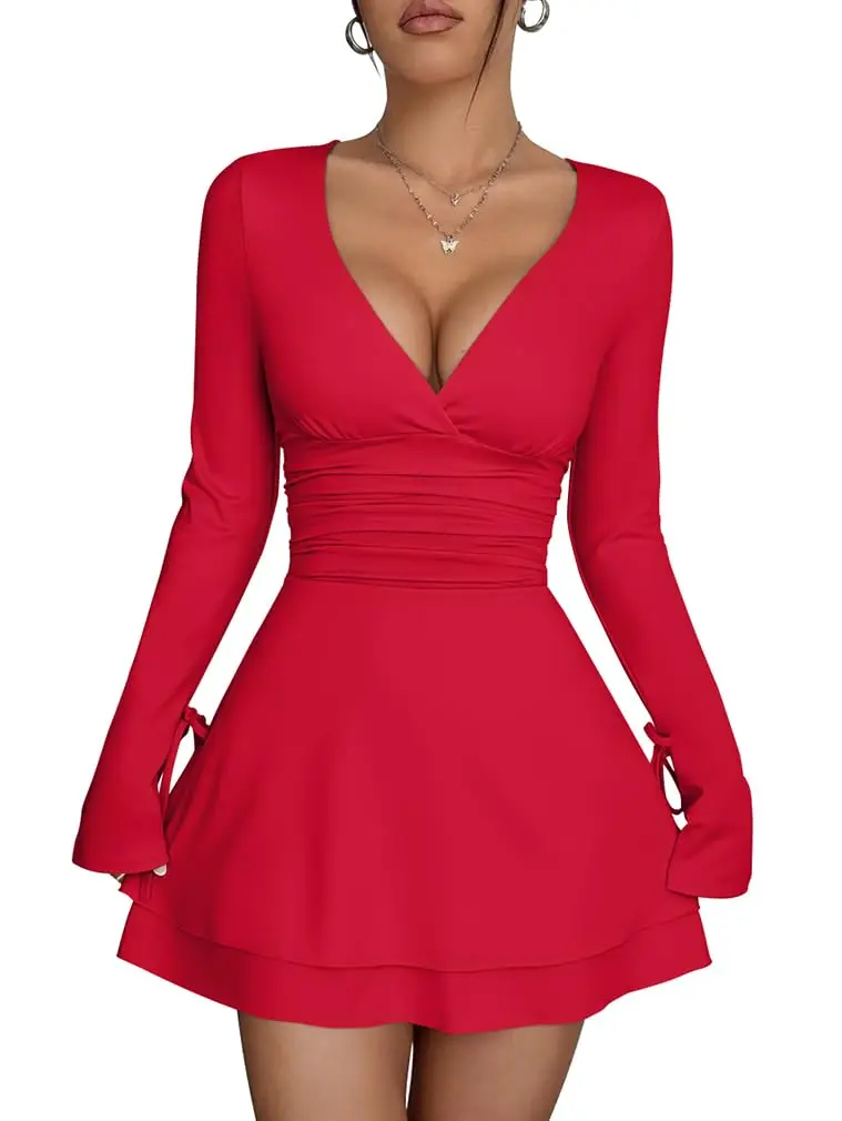 Womens Wrap V Neck Long Sleeve Ruched Waist A Line Flowy Mini Dress
Womens Wrap V Neck Long Sleeve Ruched Waist A Line Flowy Mini Dress