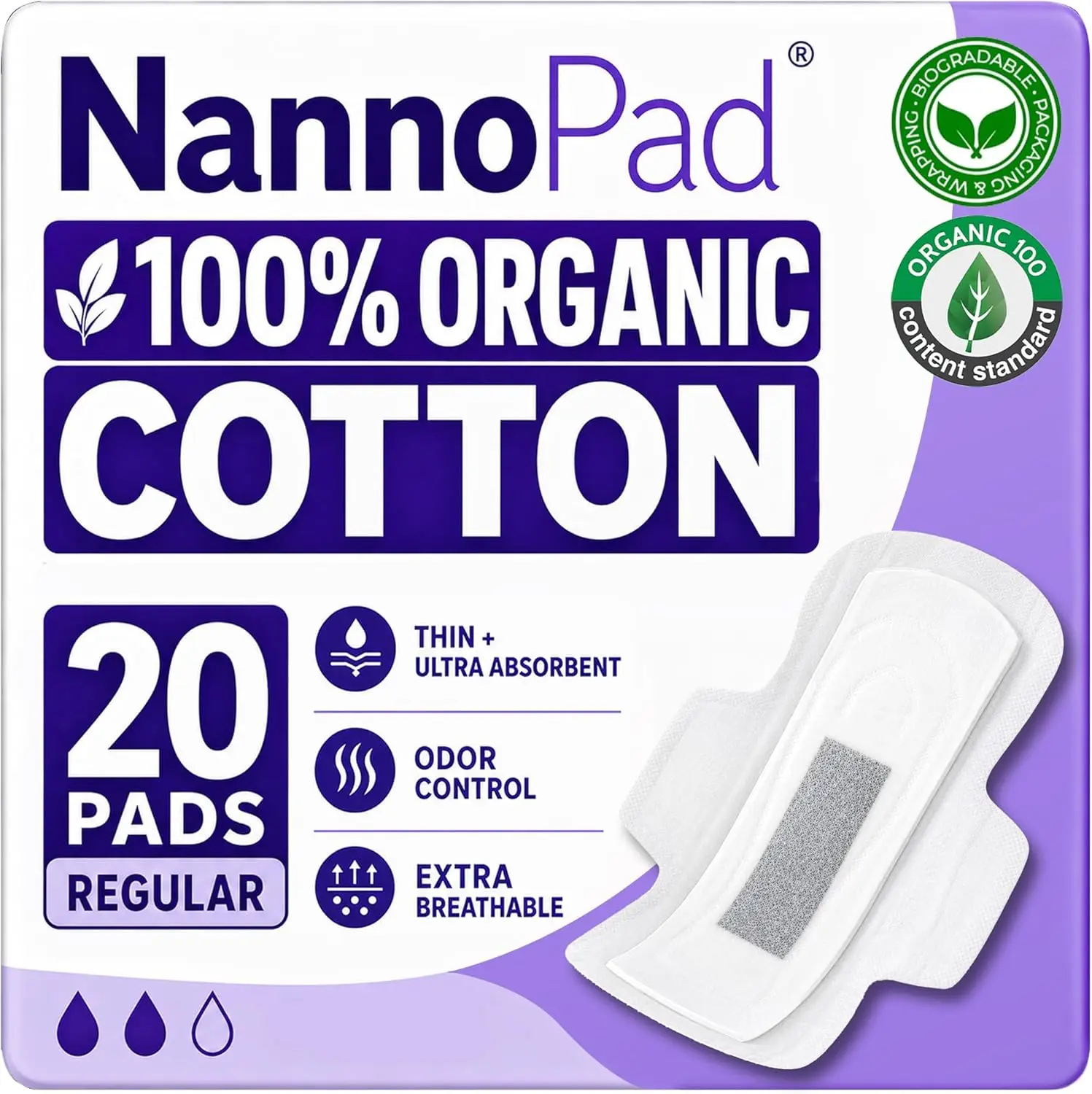 Organic Pads for Women - 100% Organic Cotton Pads Period with Wings - High Absorbency 130mL, Comfortable & Ultra-Thin - No Fragrances, Odor-Control, Breathable - Regular (1 Pack, 20 Count)
Organic Pads for Women - 100% Organic Cotton Pads Period with Wings - High Absorbency 130mL, Comfortable & Ultra-Thin - No Fragrances, Odor-Control, Breathable - Regular (1 Pack, 20 Count)