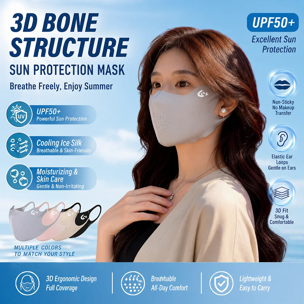 3D Face Mask UPF50+ Sun Protection Breathable Cooling Ice Silk Anti-UV Summer Outdoor Lightweight Comfortable Reusable Face Mask
3D Face Mask UPF50+ Sun Protection Breathable Cooling Ice Silk Anti-UV Summer Outdoor Lightweight Comfortable Reusable Face Mask