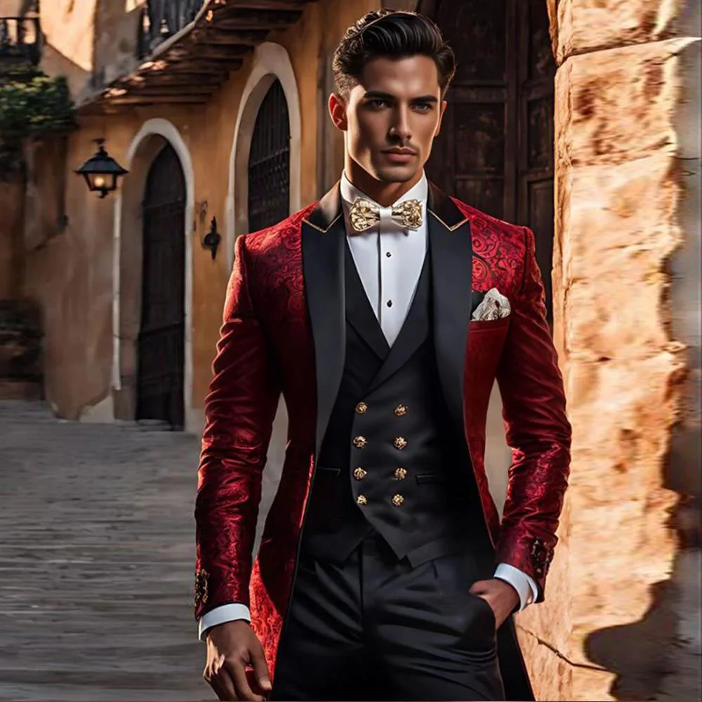 Luxury Burguny Jacquard Blazer Sets Groom Tuxedos Formal Groomsmen Men's Wedding Prom Suits For Men 3 Pieces (Jacket+Pants+Vest)
Luxury Burguny Jacquard Blazer Sets Groom Tuxedos Formal Groomsmen Men's Wedding Prom Suits For Men 3 Pieces (Jacket+Pants+Vest)