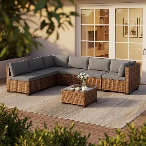 7 Pieces Patio Furniture Set, Outdoor Sectional Rattan Sofa Set, Wicker Patio Conversation Set with Cushions and Glass
7 Pieces Patio Furniture Set, Outdoor Sectional Rattan Sofa Set, Wicker Patio Conversation Set with Cushions and Glass