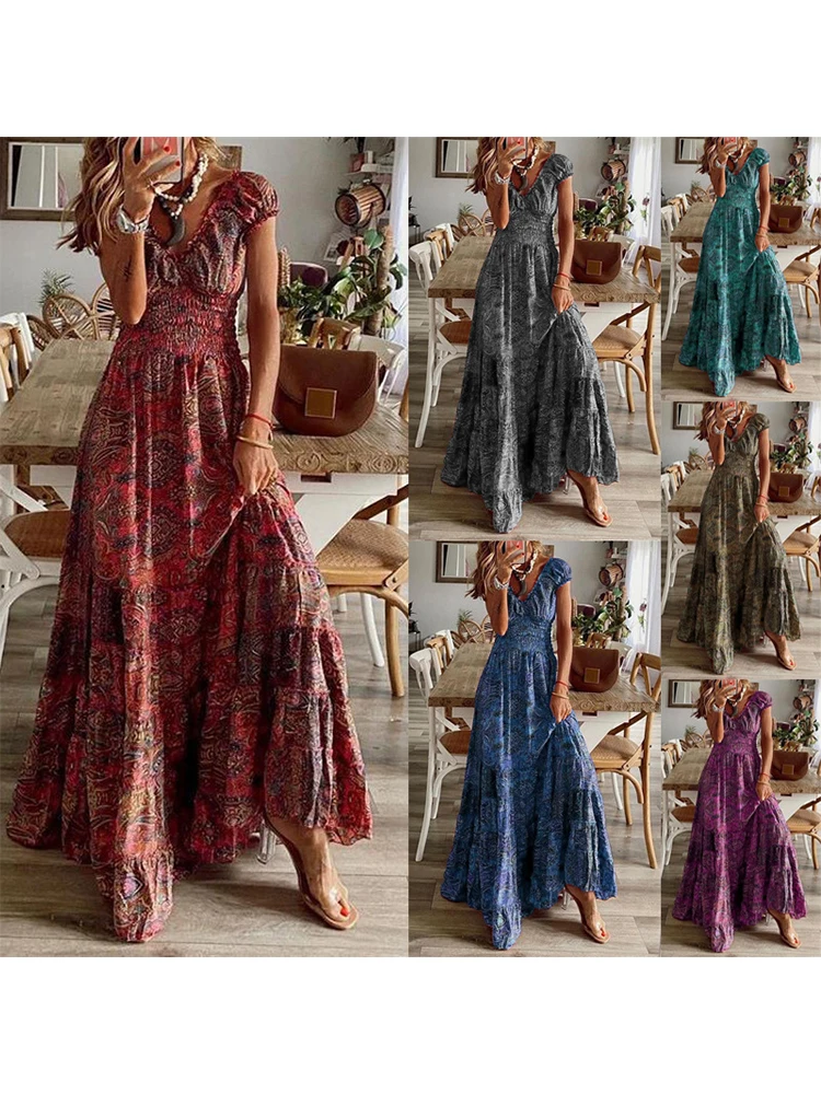 Women Floral Printed Maxi Dresses Summer Casual V Neck Short Sleeve High Waist A Line Boho Beach Long Dress Vestidos
Women Floral Printed Maxi Dresses Summer Casual V Neck Short Sleeve High Waist A Line Boho Beach Long Dress Vestidos