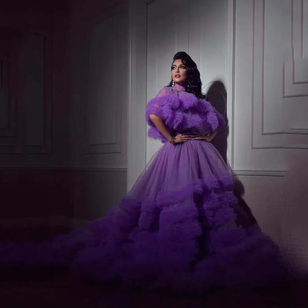 Puffy Long Prom Gowns Ruffled A Line Purple Arabic Formal Dress Cape Half Sleeves Customized Maxi Dresses Tierred Luxury
Puffy Long Prom Gowns Ruffled A Line Purple Arabic Formal Dress Cape Half Sleeves Customized Maxi Dresses Tierred Luxury