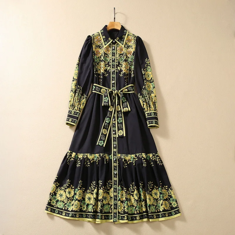 European and American women's clothing 2023 autumn new Nailed bead lapel Long sleeve print black Fashion Belt dress
European and American women's clothing 2023 autumn new Nailed bead lapel Long sleeve print black Fashion Belt dress