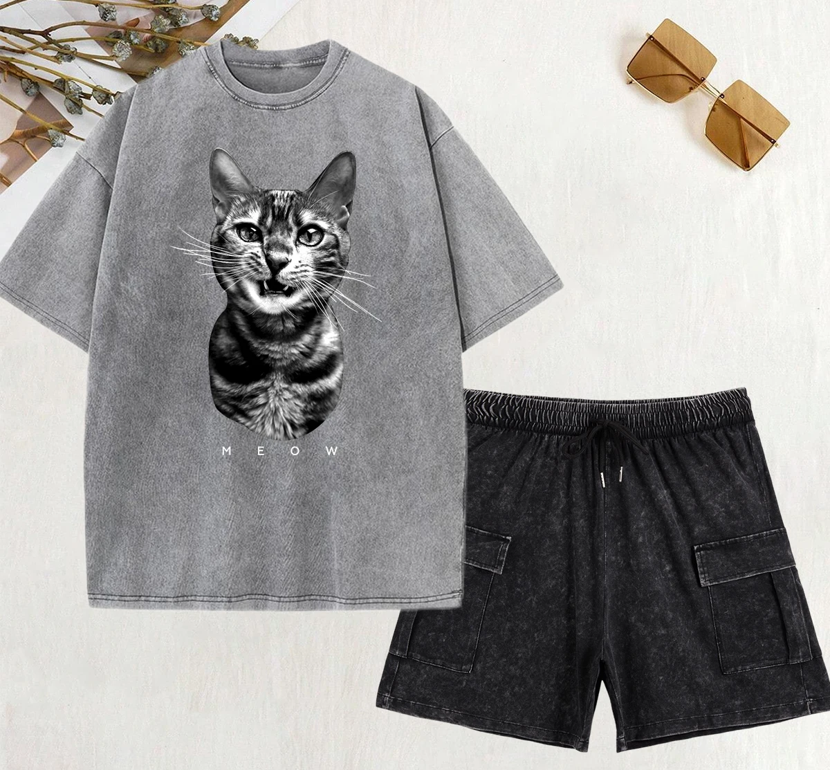 Funny Meow Cats Creative Printed Washed Pants Women Summer All-Match Short Sets Loose Retro Streetwear Casual Cotton T Shirts 
Funny Meow Cats Creative Printed Washed Pants Women Summer All-Match Short Sets Loose Retro Streetwear Casual Cotton T Shirts