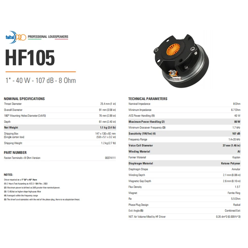 Faital Speakers Original Italiy HF105 1"-40W-107dB 1 Inch Tweeter Unit Voice Coil 37mm Ferrite HF Driver 8Ω (1PCS)
Faital Speakers Original Italiy HF105 1"-40W-107dB 1 Inch Tweeter Unit Voice Coil 37mm Ferrite HF Driver 8Ω (1PCS)