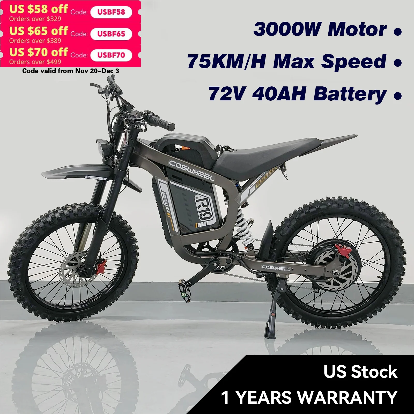 COSWHEEL R19 Max Electric Motorcycles 3000W Brushless Gearless Motors 72V40AH Lithium Battery Speed 85Kmh Adult Off Road Ebike
COSWHEEL R19 Max Electric Motorcycles 3000W Brushless Gearless Motors 72V40AH Lithium Battery Speed 85Kmh Adult Off Road Ebike