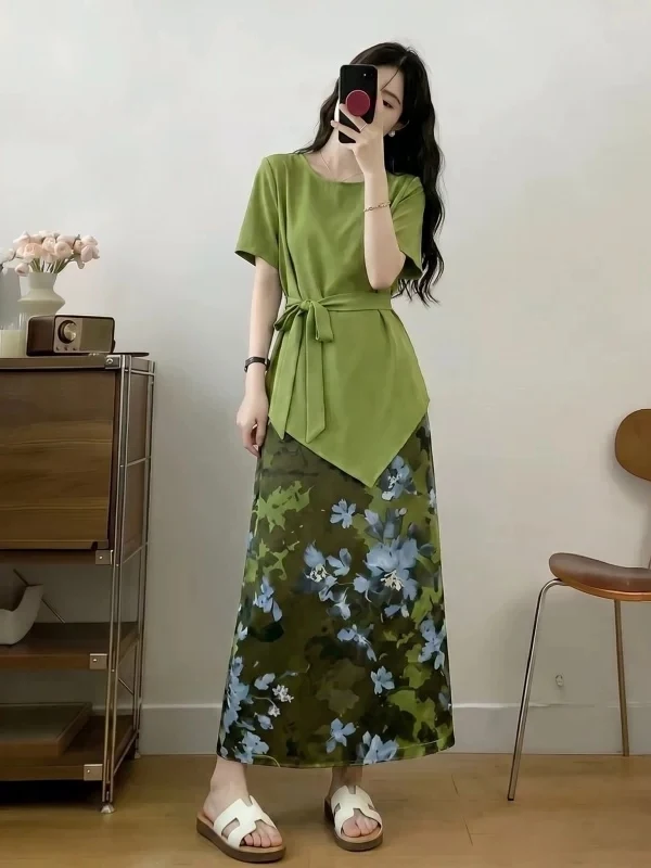 plus Size Floral Print Two-Piece Set Women's Summer Fashion Ensemble Green Knot High Waist Long Skirt Casual Commute
plus Size Floral Print Two-Piece Set Women's Summer Fashion Ensemble Green Knot High Waist Long Skirt Casual Commute