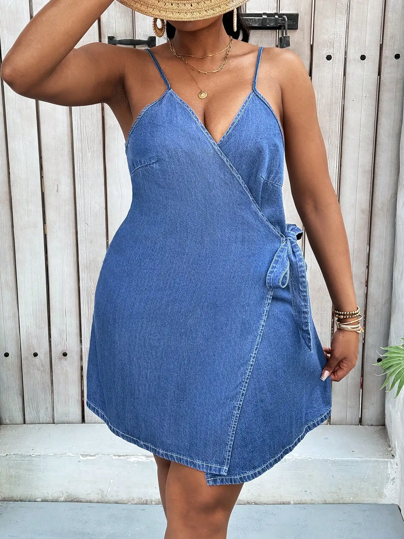 Denim Wrap Mini Dress With Spaghetti Straps, Blue Summer Casual Outfit For Beach, Vacation, Festival And Rodeo Events
Denim Wrap Mini Dress With Spaghetti Straps, Blue Summer Casual Outfit For Beach, Vacation, Festival And Rodeo Events