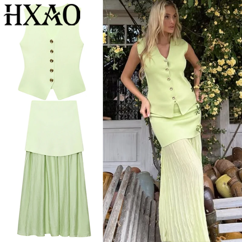 HXAO Green Pleated Long Skirt Set Elegant Women's Suits Knit Set Sleeveless Vest Woman Two Piece Set Patchwork Knitted Suits
HXAO Green Pleated Long Skirt Set Elegant Women's Suits Knit Set Sleeveless Vest Woman Two Piece Set Patchwork Knitted Suits