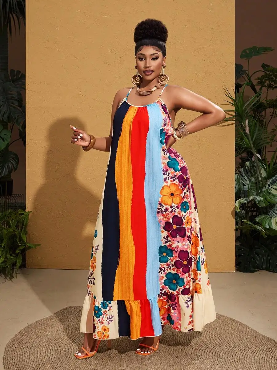 Plus Size Floral And Striped Spaghetti Strap Maxi Dress For Beach Vacation Spring Summer
Plus Size Floral And Striped Spaghetti Strap Maxi Dress For Beach Vacation Spring Summer