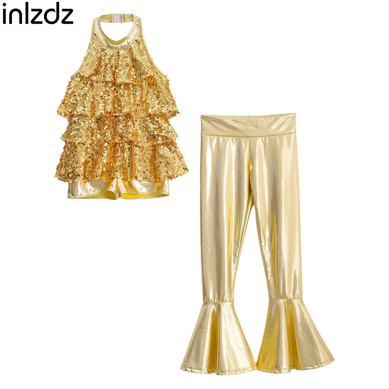 Kids Girls Jazz Cha-cha Dance Costume Halter Backless Shiny Sequins Ruffles Leotard with High Waist Bell-bottom Metallic Pants
Kids Girls Jazz Cha-cha Dance Costume Halter Backless Shiny Sequins Ruffles Leotard with High Waist Bell-bottom Metallic Pants