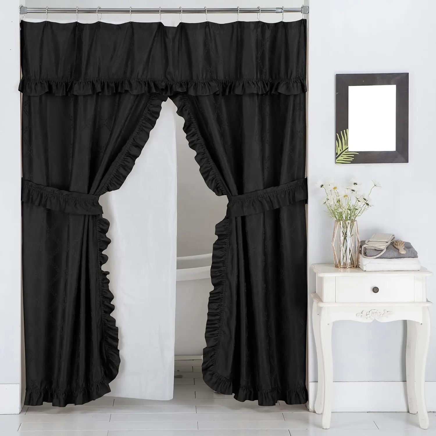 Double Swag Ruffled Fabric Shower Curtain Set with Intersected Leaves Pattern, PEVA Liner and Roller Rings
Double Swag Ruffled Fabric Shower Curtain Set with Intersected Leaves Pattern, PEVA Liner and Roller Rings