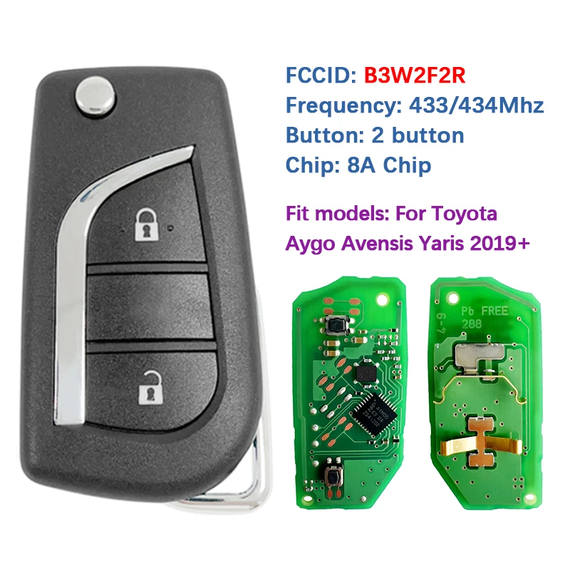 CN007347 Оригинальный 2-кнопочный откидной пульт дистанционного управления для печатной платы, 8А чип, 433 МГц FCC B3W2F2R 433,58/434,42 МГц для Toyota Aygo Avensis Yaris 2019+
CN007347 Оригинальный 2-кнопочный откидной пульт дистанционного управления для печатной платы, 8А чип, 433 МГц FCC B3W2F2R 433,58/434,42 МГц для Toyota Aygo Avensis Yaris 2019+