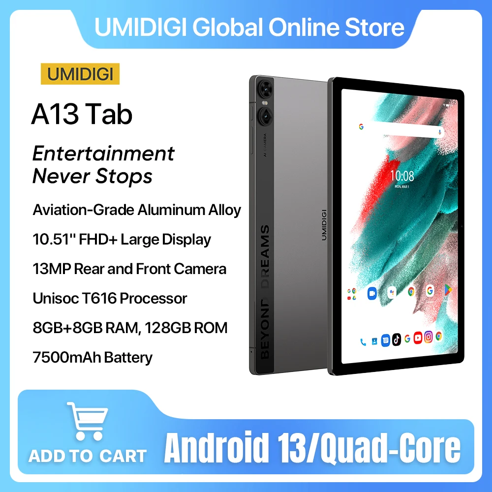 UMIDIGI A13 Tab Tablet Android 13,16 ГБ (8 + 8 ГБ) ОЗУ 128 ГБ ПЗУ 7500 мАч Unisoc T616 Восьмиядерный процессор 13 МП Задняя камера AI 10,5-дюймовый планшет
UMIDIGI A13 Tab Tablet Android 13,16 ГБ (8 + 8 ГБ) ОЗУ 128 ГБ ПЗУ 7500 мАч Unisoc T616 Восьмиядерный процессор 13 МП Задняя камера AI 10,5-дюймовый планшет