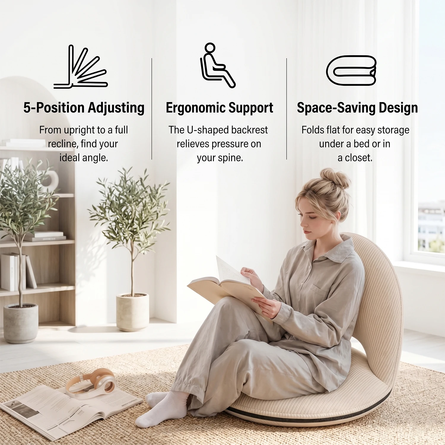 Foldable Backrest Tatami Lounger for Sitting & Sleeping Folding Floor Chair with Back Support, 5 Adjustable Position, Padded Sleeper Bed,Couch Recliner,Floor Gaming Chair for Adults Gaming,Reading,Meditating on Living Room,Bedroom,Outdoor
Foldable Backrest Tatami Lounger for Sitting & Sleeping Folding Floor Chair with Back Support, 5 Adjustable Position, Padded Sleeper Bed,Couch Recliner,Floor Gaming Chair for Adults Gaming,Reading,Meditating on Living Room,Bedroom,Outdoor