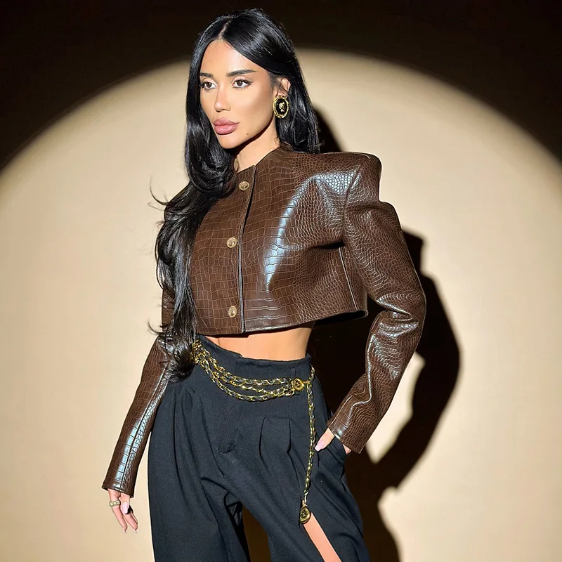 Винтажная коричневая короткая кожаная куртка, женская модная однобортная свободная куртка с круглым вырезом и длинными рукавами, женская повседневная уличная верхняя одежда
Винтажная коричневая короткая кожаная куртка, женская модная однобортная свободная куртка с круглым вырезом и длинными рукавами, женская повседневная уличная верхняя одежда