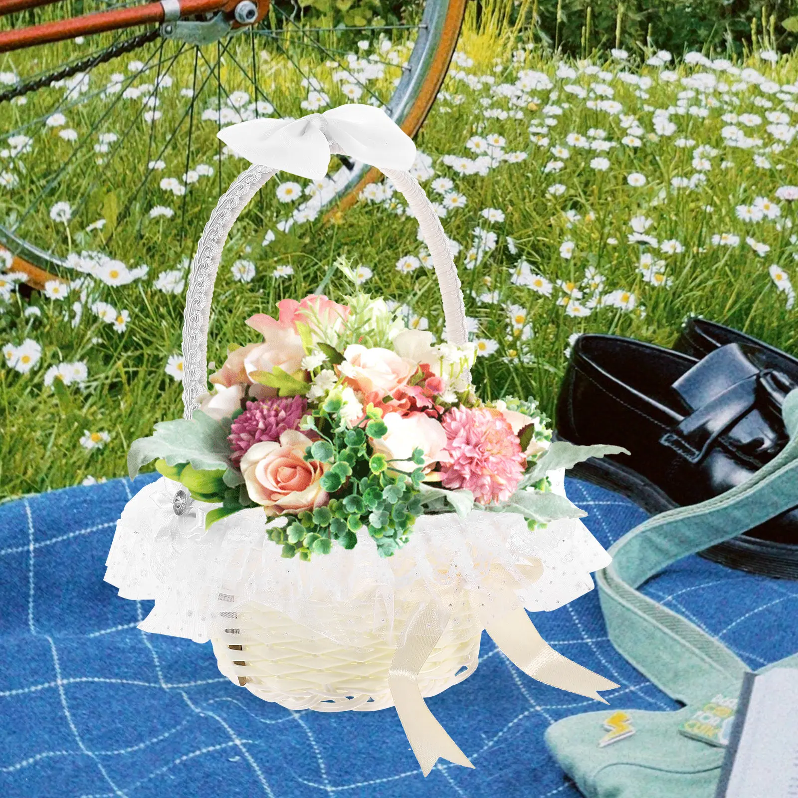 White Lace Wedding Flower Basket Woven Rattan Handle Large Capacity for Flower Petals Fruits Wedding Party Decor
White Lace Wedding Flower Basket Woven Rattan Handle Large Capacity for Flower Petals Fruits Wedding Party Decor