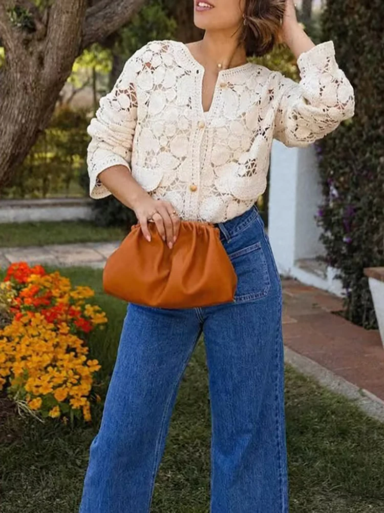 Fashion Single Breasted Loose Tops Elegant O-neck Hollowed Out Knitted 2025 Women Casual Long Sleeve Solid Color Cardigan Shirt
Fashion Single Breasted Loose Tops Elegant O-neck Hollowed Out Knitted 2025 Women Casual Long Sleeve Solid Color Cardigan Shirt