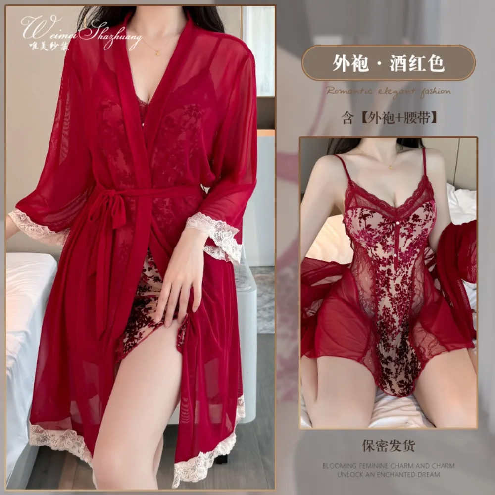 Sexy see-through suspender nightgown, mesh splicing pajamas, pure lust home wear set
Sexy see-through suspender nightgown, mesh splicing pajamas, pure lust home wear set