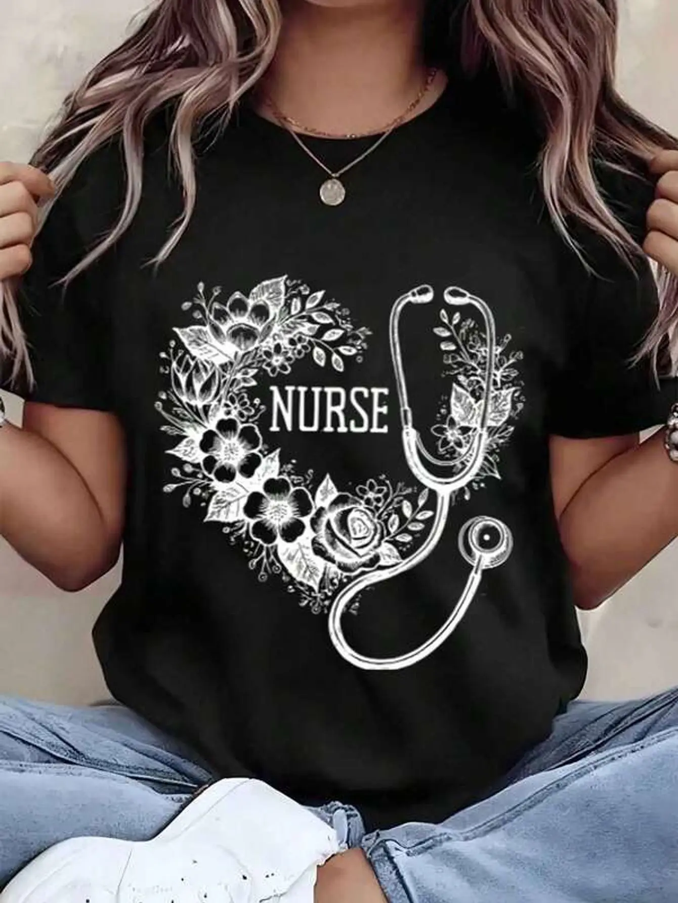 Women T Shirt Nurse Floral Stethoscope Print Round Neck Regular Fit Casual Wear Gift For Nurses Nurses Day 220g
Women T Shirt Nurse Floral Stethoscope Print Round Neck Regular Fit Casual Wear Gift For Nurses Nurses Day 220g