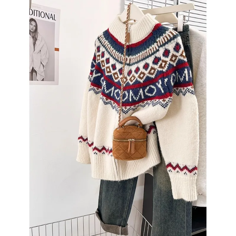 Свитер с полуводолазкой в стиле Fair Isle, вязаный кардиган, женский осенний новый зимний утолщенный свободный топ на молнии с длинными рукавами 2024, осень
Свитер с полуводолазкой в стиле Fair Isle, вязаный кардиган, женский осенний новый зимний утолщенный свободный топ на молнии с длинными рукавами 2024, осень