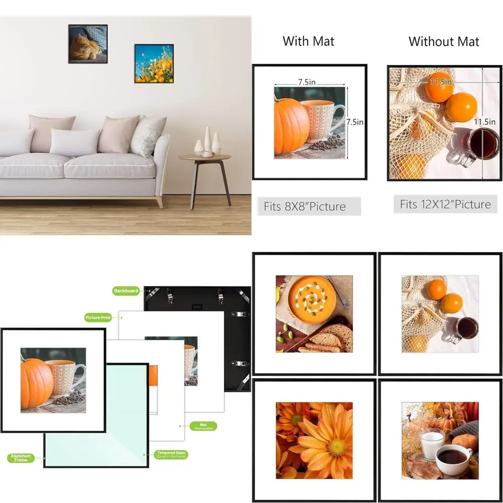 Set of 4 Classic Black 12x12 Metal Frames with Mats for 8x8 Photos, Aluminum & Glass, Gallery Wall Decor
Set of 4 Classic Black 12x12 Metal Frames with Mats for 8x8 Photos, Aluminum & Glass, Gallery Wall Decor