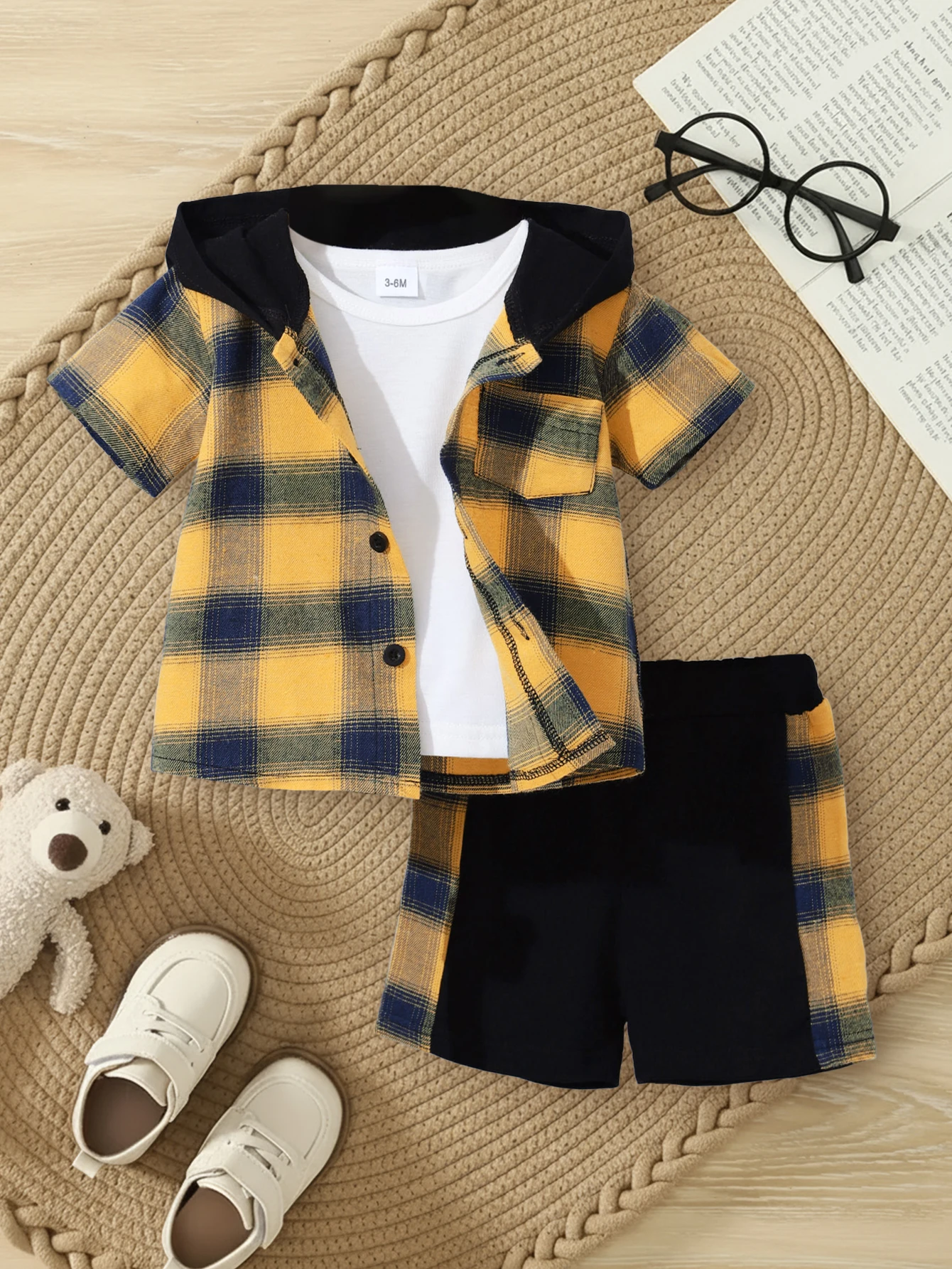 Желтый клетчатый комплект из двух предметов для малышей (рубашка с капюшоном + шорты), винтажный повседневный стиль, комплект детской одежды
Желтый клетчатый комплект из двух предметов для малышей (рубашка с капюшоном + шорты), винтажный повседневный стиль, комплект детской одежды