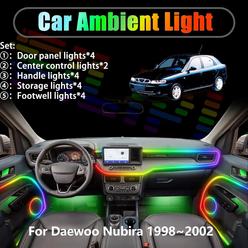 For Daewoo Nubira 1998~2002 1999 2/18 in 1 Car ambient lighting Led trunk interior led lights USB RGB Ensemble Streamer Parts
For Daewoo Nubira 1998~2002 1999 2/18 in 1 Car ambient lighting Led trunk interior led lights USB RGB Ensemble Streamer Parts