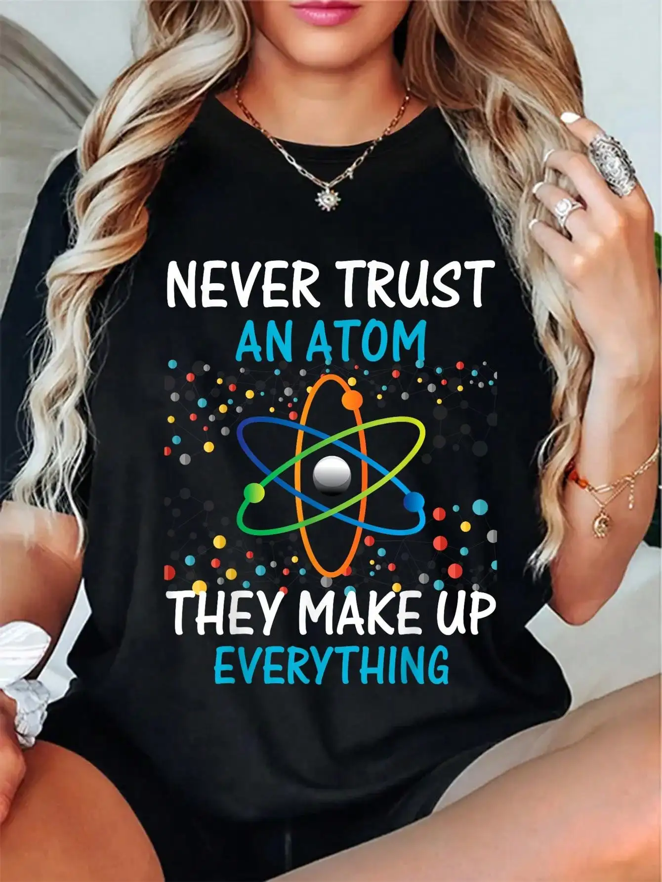 Women's Cotton T-Shirt with Science Atom Graphic Print, Casual Loose Fit
Women's Cotton T-Shirt with Science Atom Graphic Print, Casual Loose Fit