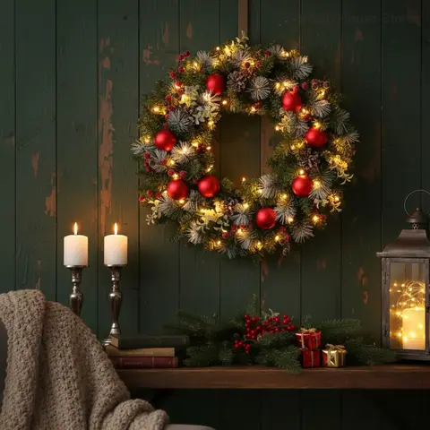 Led Christmas Wreath, Artificial Garland with Pinecone Red Berry, Xmas Wreath Lights for Front Door, Wall Holiday Party Supplies