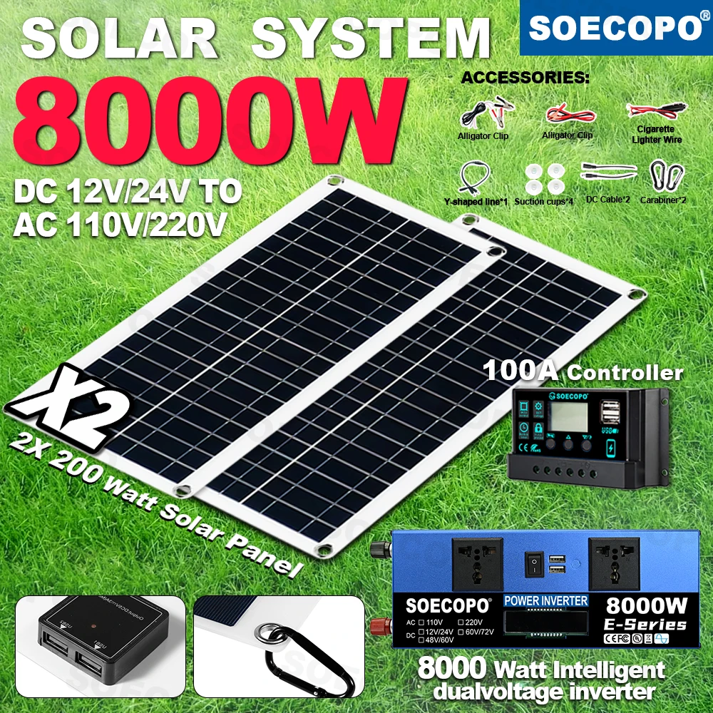 SOECOPO 8000W Complete Solar System Set 2×200W Panels 100A Controller Dual Voltage 12V/24V - 110V/220V Inverter RV Camping Home
SOECOPO 8000W Complete Solar System Set 2×200W Panels 100A Controller Dual Voltage 12V/24V - 110V/220V Inverter RV Camping Home
