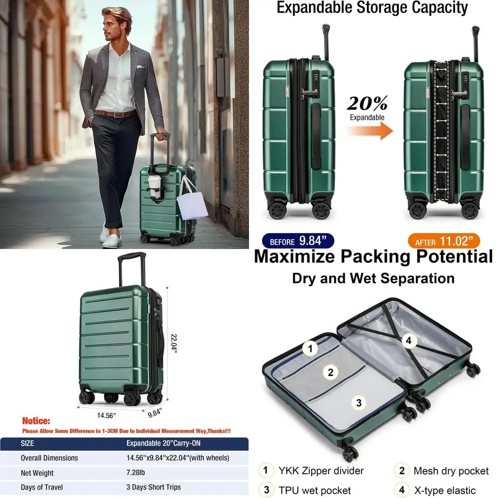20-дюймовый расширяемый жесткий чемодан для ручной клади с замком TSA, дорожный чемодан на колесиках для мужчин и женщин - зеленый
20-дюймовый расширяемый жесткий чемодан для ручной клади с замком TSA, дорожный чемодан на колесиках для мужчин и женщин - зеленый