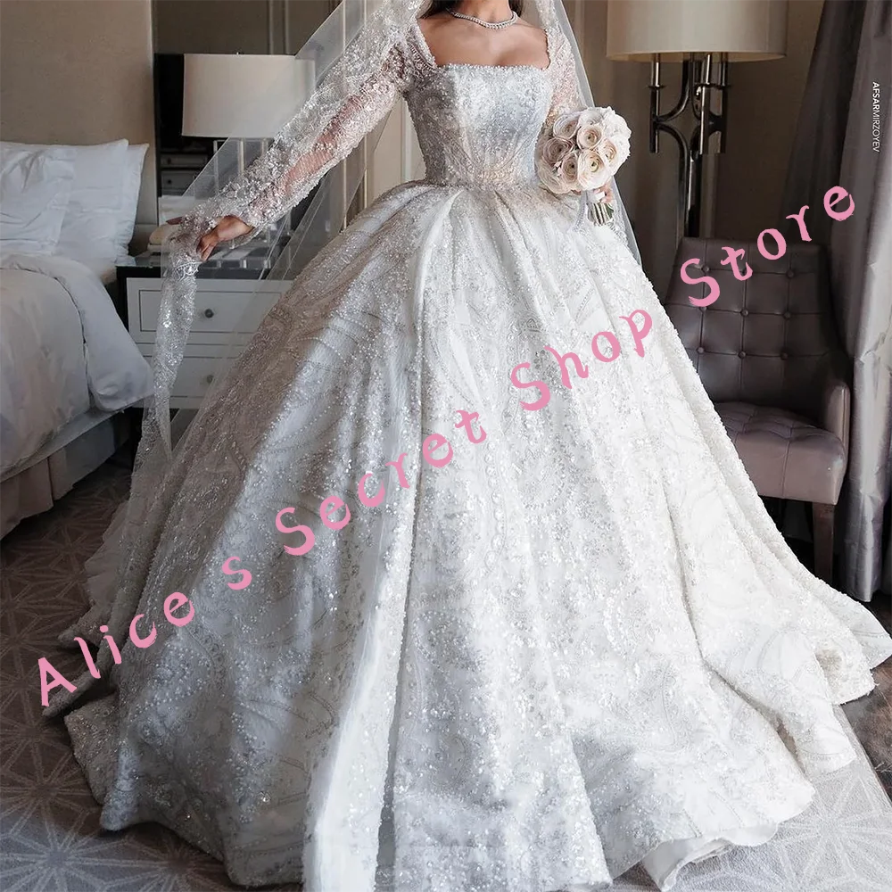 Luxury Square Collar Sequined Full Sleeve Lace A-Line Bride Wedding Dresses Bridal Gowns Customized
Luxury Square Collar Sequined Full Sleeve Lace A-Line Bride Wedding Dresses Bridal Gowns Customized
