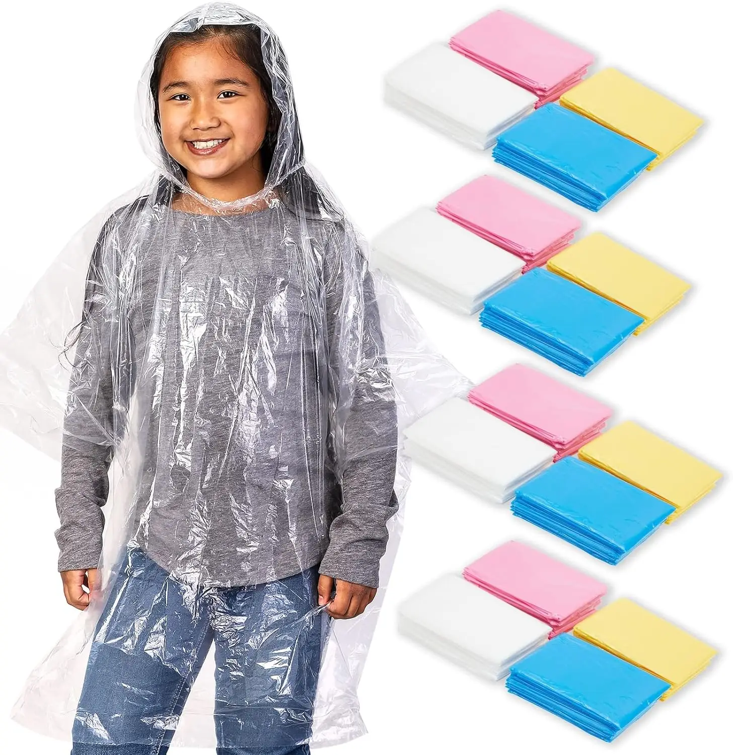 Disposable Rain Poncho for Kids with Hood, 20 Pack Emergency Outdoor Supplies, 4 Colors, 42x60 in
Disposable Rain Poncho for Kids with Hood, 20 Pack Emergency Outdoor Supplies, 4 Colors, 42x60 in